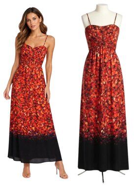 Jessica Simpson Maxi Dress Red Black Floral Empire Waist Size 6